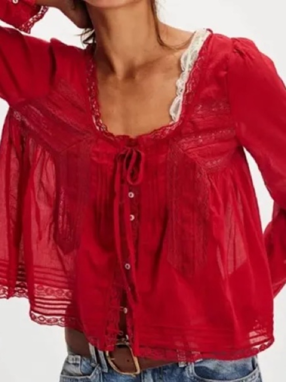 Red Lace-Trim Peasant Blouse - Women's Top
